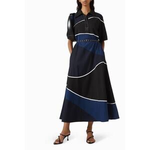 LOVEBIRDS Carol Belted Maxi Colorblock Shirt Dress in Onyx Midnight blue Navy S